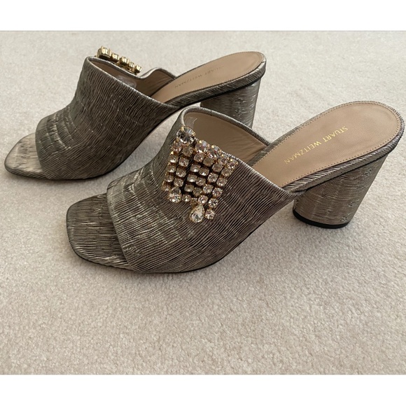 STUART WEITZMAN PLEATED RHINESTONE METALLIC SANDALS - Picture 7 of 11